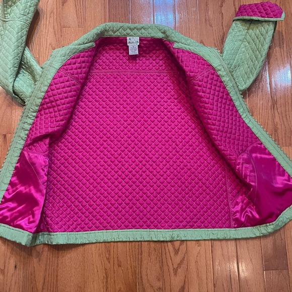 The Quacker Factory Quilted Jacket 1X Green/Pink 100% Silk Zip Embellished Coat - Picture 12 of 12
